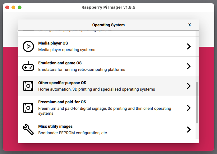 Choose the OS you want to install, select Other specific-purpose OS