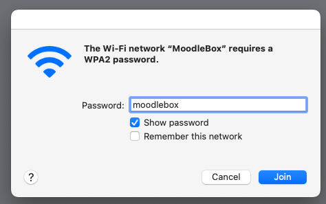 Enter the default password: moodlebox